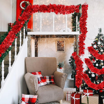 Riceshoot 131.23 ft Christmas Tinsel Garland Metallic Tinsel Twist Garland Bulk Christmas Tree Decorations Christmas Tinsel Glittering Hanging Garlands for Xmas Party Decor (Maple Leaf Red)