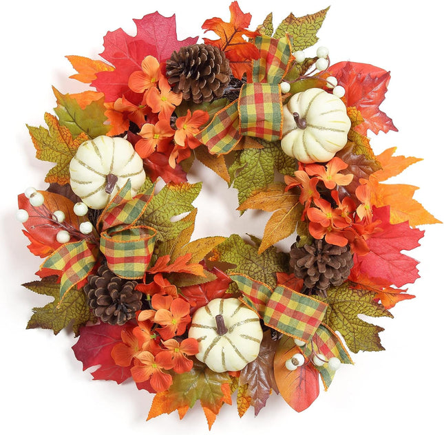 Adeeing 20" Fall Wreath for Front Door, Autumn Wreath with Pumpinks Pinecones Maple Leaves, Fall Decor for Thanksgiving Harvest Home Outside Indoor Wall Porch