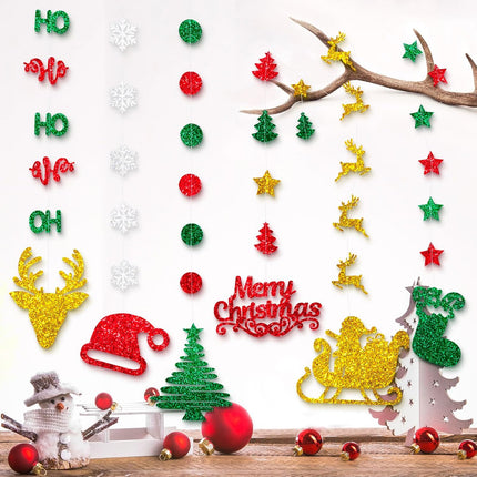 Glitter Christmas Hanging Banner Garland Decorations - Reindeer, Santa hat, Stocking, Tree, Santa Claus and More - Indoor/Outdoor Party Supplies for Birthday, Home, Office, Classroom