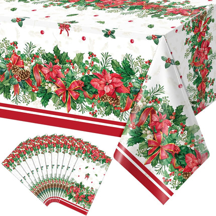 12Pcs Christmas Holly Poinsettia Tablecloths, Holly Berry Red Ribbon Table Cloth Disposable Rectangle Plastic Holly Poinsettia Table Covers for Xmas Holiday Party Decorations and Supplies,54x108inch