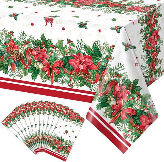12Pcs Christmas Holly Poinsettia Tablecloths, Holly Berry Red Ribbon Table Cloth Disposable Rectangle Plastic Holly Poinsettia Table Covers for Xmas Holiday Party Decorations and Supplies,54x108inch