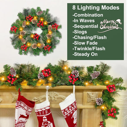 6 Ft by 10 Inch Pre-lit Artificial Christmas Garland 30 Warm Lights Timer 8 Modes Battery Powered 170 Branch Snowy Bristle Pine 132 Red Berries 12 Pinecone Xmas Decoration Indoor Home Mantle Fireplace