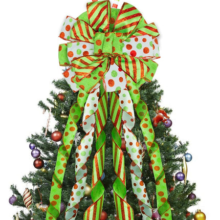 Christmas Tree Topper Wreath Bow with Elf Legs, 52×12Inch Large Toppers Bow Red Green Dot Glitter Ribbon for Christmas Tree Decorations Xmas Ornament Holiday Festival Home Indoor Outdoor Decor