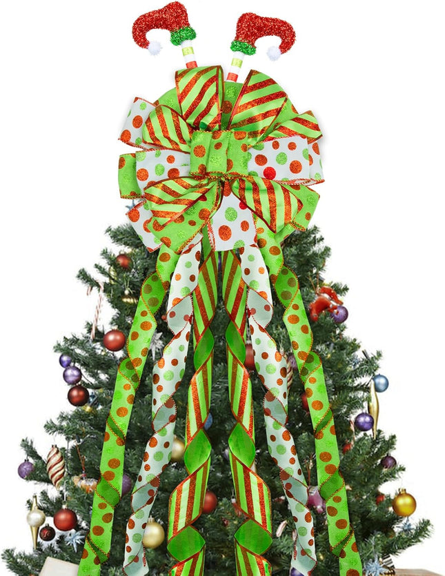 Christmas Tree Topper Wreath Bow with Elf Legs, 52×12Inch Large Toppers Bow Red Green Dot Glitter Ribbon for Christmas Tree Decorations Xmas Ornament Holiday Festival Home Indoor Outdoor Decor