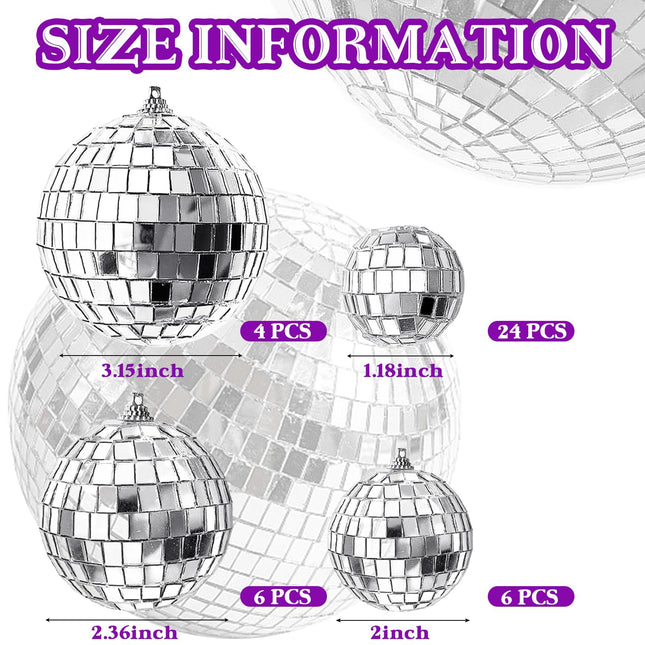 40 PCS Mirror Disco Balls,Silver Reflective Mirror Ball,Hanging Disco Ball Ornaments for Christmas Tree,Retro Disco Party Decorations,Stage Props(1.18 Inch,2 Inch,2.36 Inch,3.15 Inch)