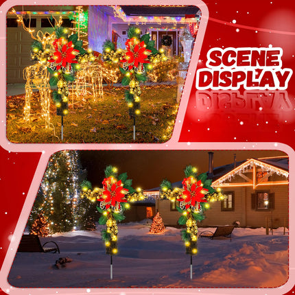 Ganeen 2 Pcs Solar Stake Christmas Outdoor Decorations Christmas Yard Stake Decor LED Lights Cemetery Grave Cross Stake Christmas Poinsettia Decor for Holiday Garden Pathway Lights (Poinsettia)