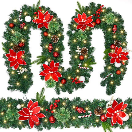 Christmas Garland with Lights, 9Ft Prelit Christmas Garland with Pinecones Red Berries Bows Christmas Balls Candies for Christmas Decorations and Holiday Mantle Fireplace Decor