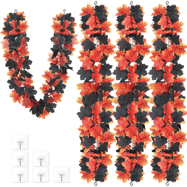 3 Pack Fall Maple Leaves Garland,5.7ft/Piece Artificial Maple Leaf Garland,Red&Black Autumn Hanging Fall Vines with 6PCS Adhesive Hooks for Halloween Thanksgiving Fireplace Indoor Outdoor Decor