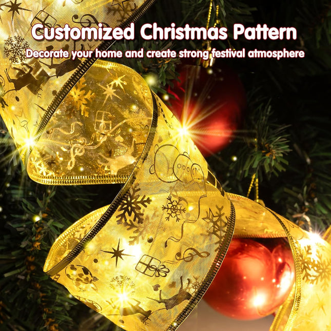 Lecone Christmas Tree Decorations, 2 Pack Christmas Ribbon Lights Total 40Ft 120LED Fairy Lights with 8 Modes & Timer, USB or Battery Operated Christmas Lights for Tree Indoor (Gold with Warm Light)