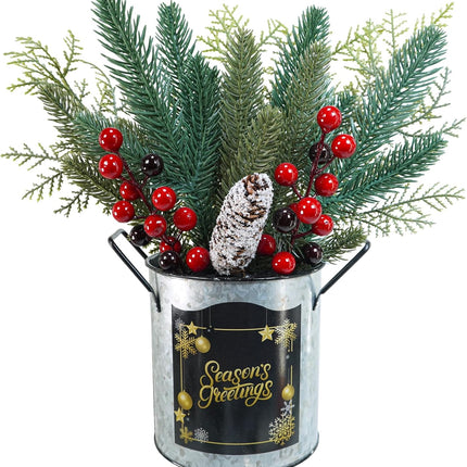 Winlyn 1 Pack Christmas Floral Arrangement Centerpieces Artificial Pine Needle Cedar Red Berry Pinecone in Galvanized Pots Small Potted Christmas Tree 12.4" Tall for Holiday Home Mantel Tabletop Décor