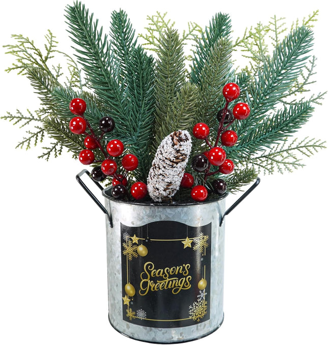 Winlyn 1 Pack Christmas Floral Arrangement Centerpieces Artificial Pine Needle Cedar Red Berry Pinecone in Galvanized Pots Small Potted Christmas Tree 12.4" Tall for Holiday Home Mantel Tabletop Décor
