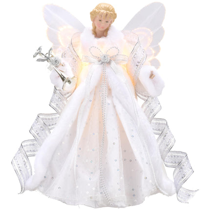 Valery Madelyn Lighted Christmas Tree Topper Angel with Timer, 16 Inch White and Silver Fabric Angel Tree Topper with Lights for Christmas Tree Decoration Indoor, Battery Operated