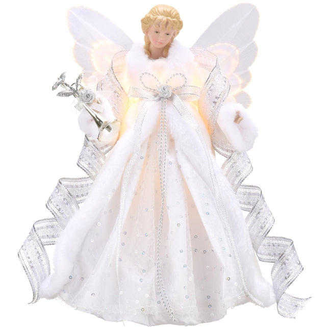 Valery Madelyn Lighted Christmas Tree Topper Angel with Timer, 16 Inch White and Silver Fabric Angel Tree Topper with Lights for Christmas Tree Decoration Indoor, Battery Operated