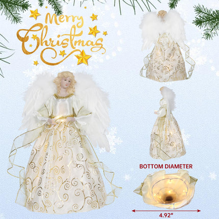 Christmas Angel Tree Topper, Gold Angel Treetop, 10-Light Angel Doll with Feather Wing for Indoor Outdoor Christmas Tree Decorations, Goddess Figurine Holiday Ornament(Gold)