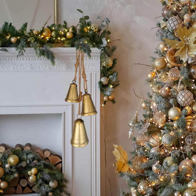 Christmas Bells Decorations Brass Hanging - Rustic Xmas Bell Cow Decor Decorative Vintage Antique Lucky for Door Porch Wreath Mantle Greenery Farmhouse Garland Stair Rail Holiday, Brass,3pcs