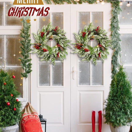 2 Pack Christmas Wreath 23”, Winter Wreaths for Front Door with Pinecones, Red Berries, Burlap Ribbon & Snowflake, Artificial Outdoor Holiday Door Decorations with 2 Wreath Hangers