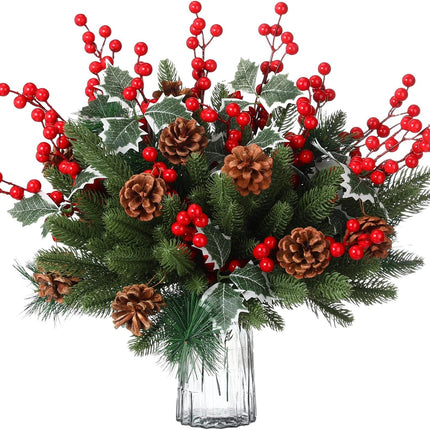 141 Pcs Christmas Artificial Pine Picks Set, DIY Crafts Red Berry Stems Branches Pine Needles Accessories Set for Christmas Tree Wreath Garland Decorations