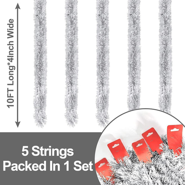 TURNMEON 5 String Total 50 Ft Tinsel Christmas Garlands Decorations White Edge Metallic Streamers Xmas Tree Decorations Indoor Outdoor Home Xmas Party Supplies, Each 10 Ft by 4 Inch(Silver)