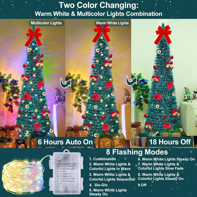 TURNMEON 5 Ft Pop Up Christmas Tree Tinsel 50 Warm White & Colorful Change Lights 8 Modes Timer Christmas Balls Bow Flower Battery Operated Pencil Slim Tree Holiday Party Christmas Decoration Indoor