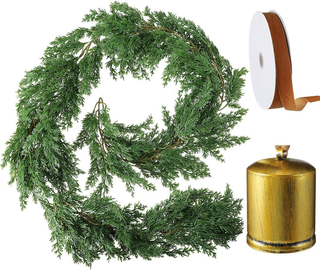 Oudain 6.56 FT Christmas Cedar Garland Artificial with 4 Metal Vintage Cow Bells on Rope and Velvet Ribbon Realistic Greenery Cypress Garland for Xmas Holiday Indoor Mantle Fireplace Decor