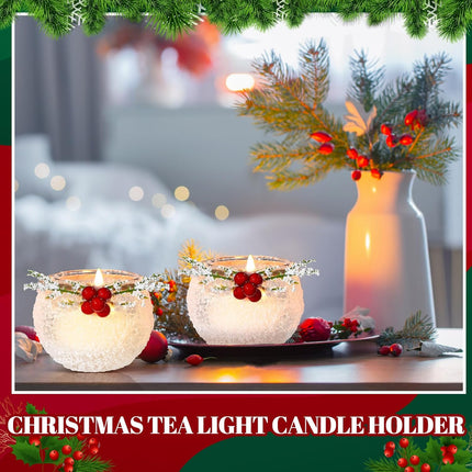 6 Pcs Christmas Votive Candle Holders with Snowy and Red Berry Pine Leaves Xmas Glass Tealight Candle Holders for Table Centerpiece Fireplace Home Ornaments Wedding Party Indoor Decorations