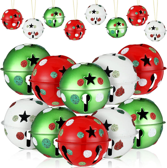 12 Pcs Large Christmas Jingle Bells with Ribbon 2.4 Inch Metal Cutout Craft Bells Lime Green Glitter Dot Red Green Christmas Tree Ornaments Xmas Hanging Decor for Holiday Wreath Garland DIY Decor