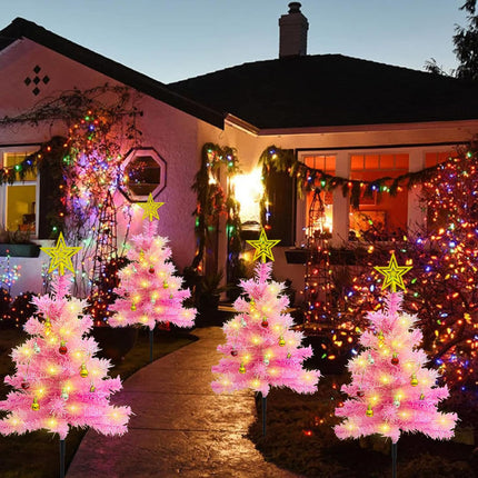 4-Pack Pink Solar Christmas Tree Outdoor Christmas Decorations, 80 LED Xmas Tree Solar Christmas Lights, Waterproof Small Pink Christmas Tree with Ball Ornaments for Front Porch,Patio, Yard, Pathway