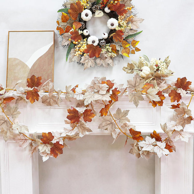 2 Pack Fall Maple Leafed Garland Thanksgiving Decorations, Total 11.8Ft Artificial Hanging Vine Fall Foliage Garland Fall Autumn Decor Indoor Outdoor Home Mantle Wedding Party(Mixed Gray-White Brown)