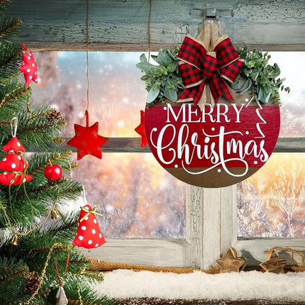 Merry Christmas Hanging Sign for Front Door, Wooden Welcome Wreath with Bow for Holiday Rustic Farmhouse Outdoor Wall Window Decor (Merry Christmas Wreath)