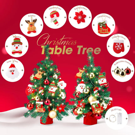 Mini Christmas Tree Set of 2, Tabletop Artificial Christmas Tree with Lights, Felt Ornaments, Ornament Balls, Desk Small Xmas Tree for Christmas Decorations, Including 4xAA Batteries