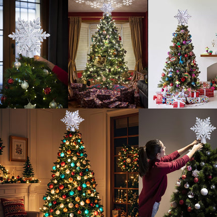 Christmas Tree Topper Lighted, Christmas Star Tree Topper LED Rotating Lights, 3D Silver Snowflake Star Tree Top Glitter Projector for Indoor Xmas Party Holiday Decorations
