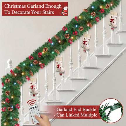 Remote Control & Timer 12 Modes 9 Ft Prelit Christmas Garland Decorations 50 Warm White & Colorful Change Lights Cedar Garland 290 Scots Smoky Pine 12 Pinecone Red Berry Mantle Fireplace Xmas Garland