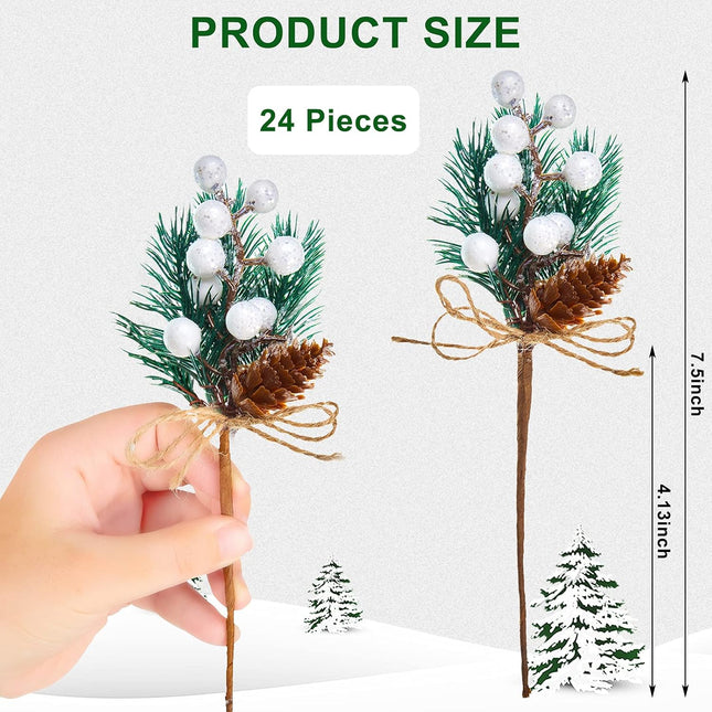 24 Pieces Christmas White Beries Stems Pine Branches White Holly Spray Berry Pine Branch White Berry Stems Pine Stems Winter Pine Cones for Xmas Tree Wreath Garland Crafts Wrapping DIY Ornaments
