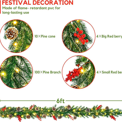 6FT Lighted Garland Christmas Decorations with Timer, Prelit Christmas Garland Christmas Garland with Lights Indoor Outdoor Christmas Garland for Stairs Railing Mantle Fireplace Staircase