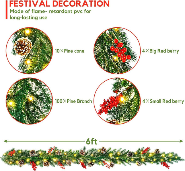 6FT Lighted Garland Christmas Decorations with Timer, Prelit Christmas Garland Christmas Garland with Lights Indoor Outdoor Christmas Garland for Stairs Railing Mantle Fireplace Staircase
