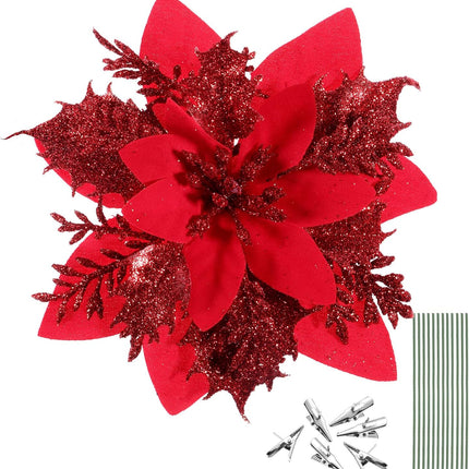 NUOBESTY 12 Pieces Christmas Glitter Poinsettia Flowers Christmas Tree Ornaments Artificial Flowers for Christmas Tree Decoraiton with Stems and Clips (Red)
