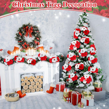 Riceshoot 18 Pcs Christmas Artificial Poinsettia Bushes 18 Inch Faux 5 Heads Poinsettia Bush Bouquets Velvet Artificial Christmas Flowers for Xmas Tree Home Indoor Outdoor Decorations (Red, White)