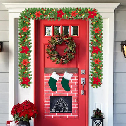 9Ft Pre-Lit Christmas Garland Artificial Indoor Outdoor Decoration, Christmas Garland with Flower Snowy Pine, Garland with Battery Operated for Xmas Mantle,Stairs, Fireplaces, Walls Decor