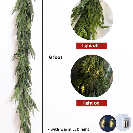 Perfnique 6 Ft Christmas Norfolk Pine Garland with Lights, Outdoor/Indoor Greenery Garland Artificial Winter Garland, Real Touch Garland for Mantle Fireplace Table Wall Home Holiday Seasonal Decor
