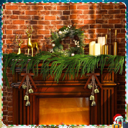 5 FT Christmas Garlands Norfolk Pine Garland Artificial Norfolk Garland Real Touch Pine Garland Faux Greenery Cedar Garland with 2 Set Cow Bells on Rope for Mantle Table Fireplace Holiday Winter Decor