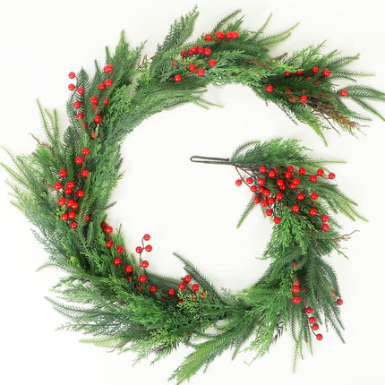Norfolk Pine Garlands with Red Berries, 6Ft Artificial Soft Christmas Pine Cypress Garland, Green Real Touch Greenery Garland for Table, Mantle, Staires Railing, Indoor/Outdoor Christmas Decorations.