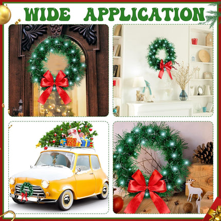 2 Pieces 13 Inch Car Christmas Wreath with 20 Small White Light Christmas Car Decoration with Red Bow Christmas Wreath for Car with Battery Case for Car, Suv Winter Christmas Decorations