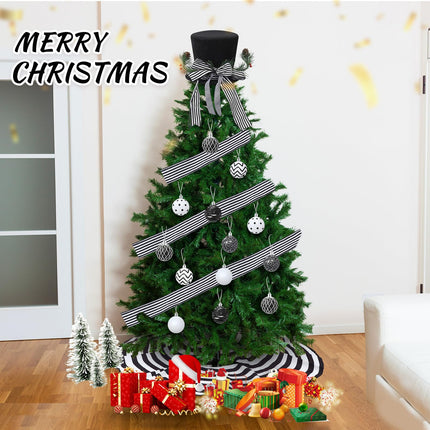 Liliful 33 Pcs Christmas Tree Decoration Set Striped Christmas Tree Skirt Christmas Tree Topper Hat with Bows White and Black Christmas Balls Xmas Ribbons for Xmas Holiday Wedding Party Decorations
