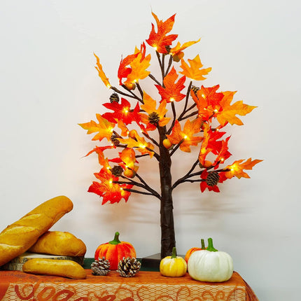 Twinkle Star 23 Inch Tabletop Lighted Maple Tree Battery Operated, Thanksgiving Table Decor with 32 LED Lights, Maple Leaves, Pine Cones and Acorn Autumn Tree for Indoor Home Bedroom Fall Decorations