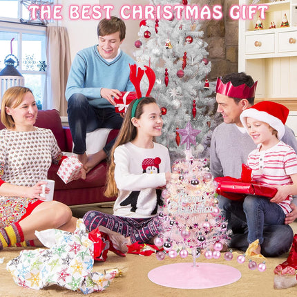 Artificial Mini Christmas Tree, 2ft Small Christmas Tree with Lights, Tabletop Artificial Xmas Tree with Christmas Balls, Pink Tabletop Christmas Tree for Christmas Decorations