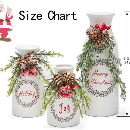 Artificial Christmas Vase 3-Piece Set Flocked with Mixed Xmas Decorations Ceramic White Bottles (White)