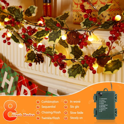 2 Pack Pre-Lit Christmas Garland with Lights, 5.7FT 20LED Battery Operated Lighted Garland Xmas Decor with PineCones Bell Berry Holly Leaves, Light Up Garland for Mantle Fireplace Stair Indoor Outdoor