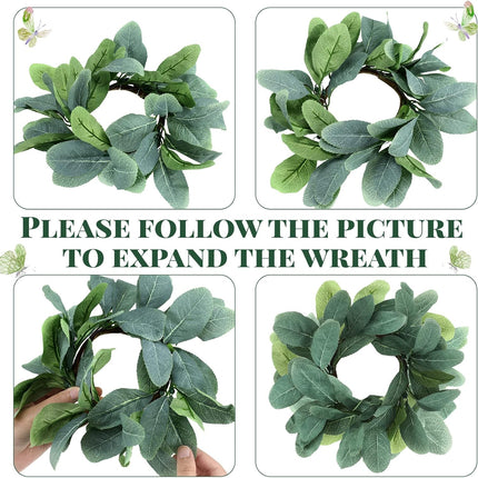 4 Pieces Candle Rings Artificial Eucalyptus Leaves Wreaths Candle Rings Wreaths Small Boho Wreath Pillar Candle Holder for Wedding Home Door Tabletop Decoration (Cute Leaf Style)
