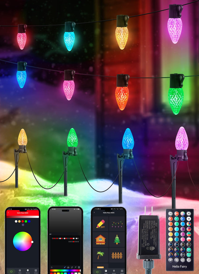 Brightown Smart C9 LED Christmas Lights Outdoor House, 50Ft 75 LED RGB Christmas Pathway Lights with 58 Preset Modes, App or Remote Control, Music Sync, Memory and Timer Function for Indoor/Outside