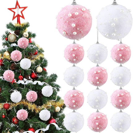 Wettarn 24 Pcs Christmas Tree Ball Ornament Pastel Pink White Plush Christmas Ball Ornaments 3.15 Inch Decorative Hanging Decor for Xmas Tree Year Holiday Wedding Party Wreath Garland Decorations